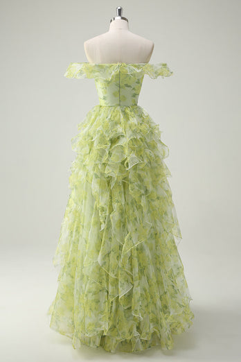 Dusty Sage Floral A Line Square Neck Ruffled Long Prom Dress