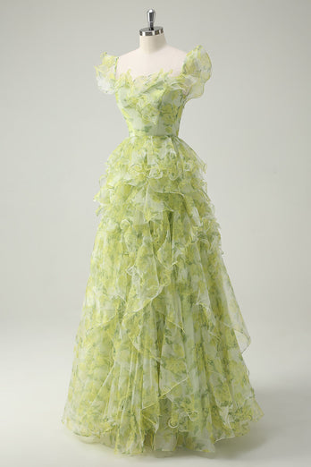 Dusty Sage Floral A Line Square Neck Ruffled Long Prom Dress