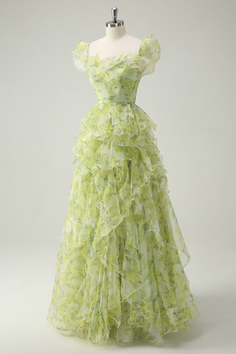 Load image into Gallery viewer, Dusty Sage Floral A Line Square Neck Ruffled Long Prom Dress
