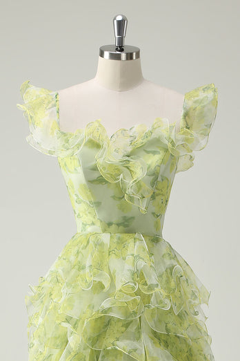 Dusty Sage Floral A Line Square Neck Ruffled Long Prom Dress