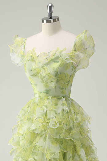 Dusty Sage Floral A Line Square Neck Ruffled Long Prom Dress