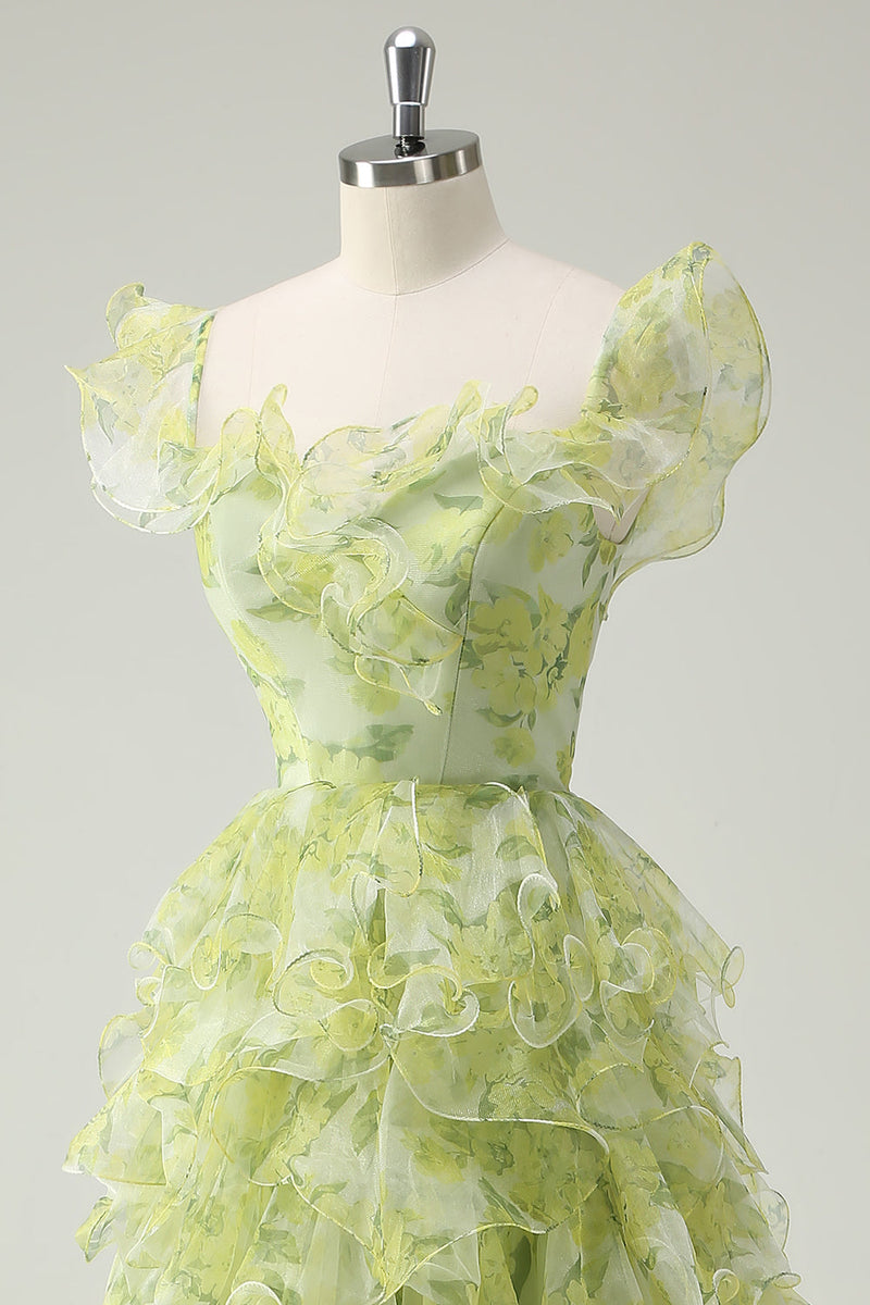 Load image into Gallery viewer, Dusty Sage Floral A Line Square Neck Ruffled Long Prom Dress