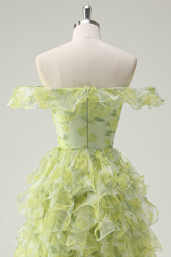 Dusty Sage Floral A Line Square Neck Ruffled Long Prom Dress