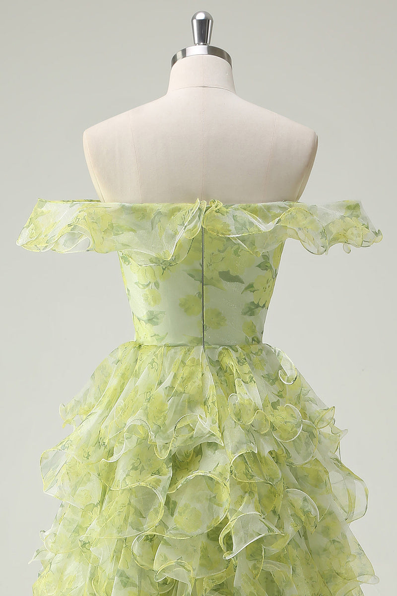Load image into Gallery viewer, Dusty Sage Floral A Line Square Neck Ruffled Long Prom Dress
