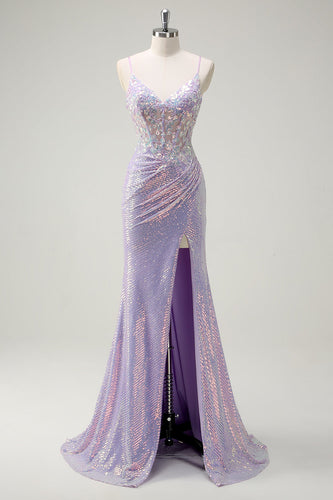 Sparkly Corset Lilac Spaghetti Straps Mermaid Prom Dress with Slit