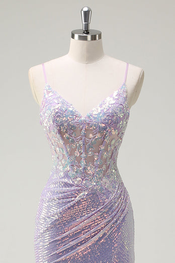 Sparkly Corset Lilac Spaghetti Straps Mermaid Prom Dress with Slit