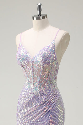 Sparkly Corset Lilac Spaghetti Straps Mermaid Prom Dress with Slit
