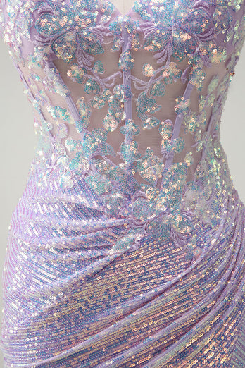 Sparkly Corset Lilac Spaghetti Straps Mermaid Prom Dress with Slit