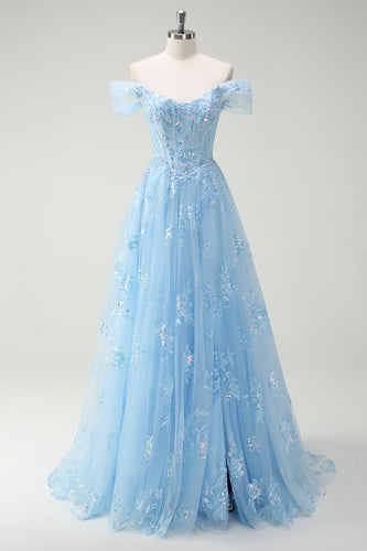 Sparkly Off The Shoulder Sky Blue A Line Prom Dress with Slit