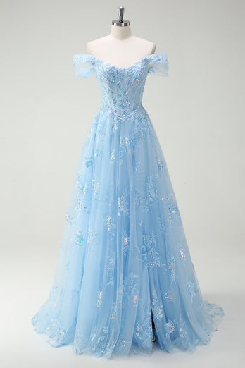 Sparkly Off The Shoulder Sky Blue A Line Prom Dress with Slit