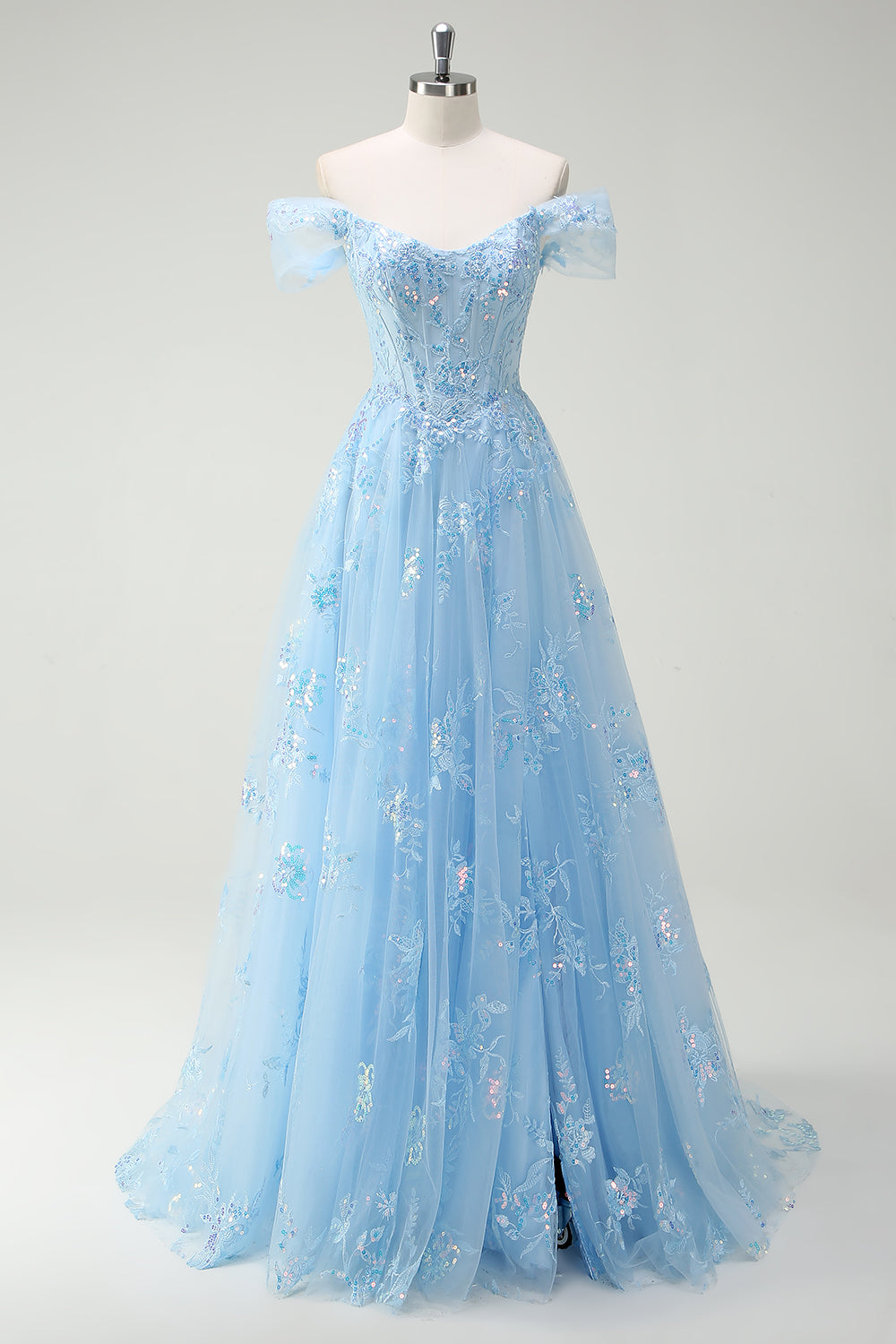 Sparkly Off The Shoulder Sky Blue A Line Prom Dress with Slit