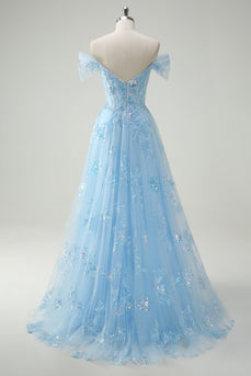 Sparkly Off The Shoulder Sky Blue A Line Prom Dress with Slit