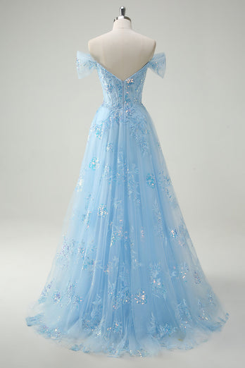 Sparkly Off The Shoulder Sky Blue A Line Prom Dress with Slit