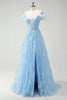 Load image into Gallery viewer, Sparkly Off The Shoulder Sky Blue A Line Prom Dress with Slit