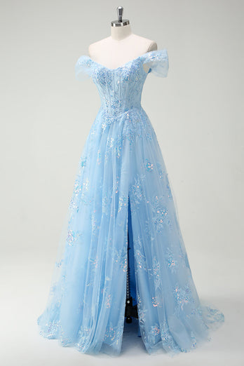 Sparkly Off The Shoulder Sky Blue A Line Prom Dress with Slit