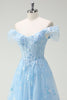Load image into Gallery viewer, Sparkly Off The Shoulder Sky Blue A Line Prom Dress with Slit