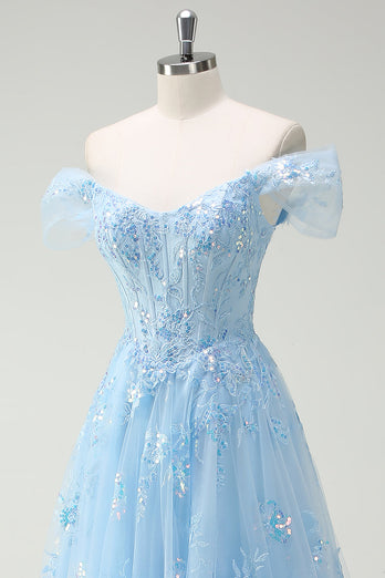Sparkly Off The Shoulder Sky Blue A Line Prom Dress with Slit
