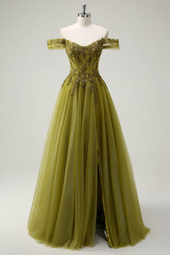 A Line Army Green Off The Shoulder Long Prom Dress with Slit