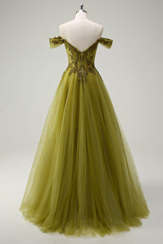 A Line Army Green Off The Shoulder Long Prom Dress with Slit