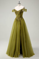 Load image into Gallery viewer, A Line Army Green Off The Shoulder Long Prom Dress with Slit