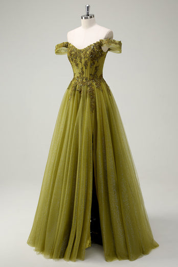 A Line Army Green Off The Shoulder Long Prom Dress with Slit
