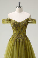 Load image into Gallery viewer, A Line Army Green Off The Shoulder Long Prom Dress with Slit