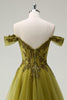 Load image into Gallery viewer, A Line Army Green Off The Shoulder Long Prom Dress with Slit