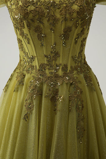 A Line Army Green Off The Shoulder Long Prom Dress with Slit