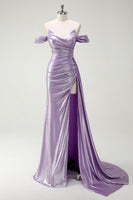 Load image into Gallery viewer, Glitter Off The Shoulder Lilac Side Cape Ruched Prom Dress