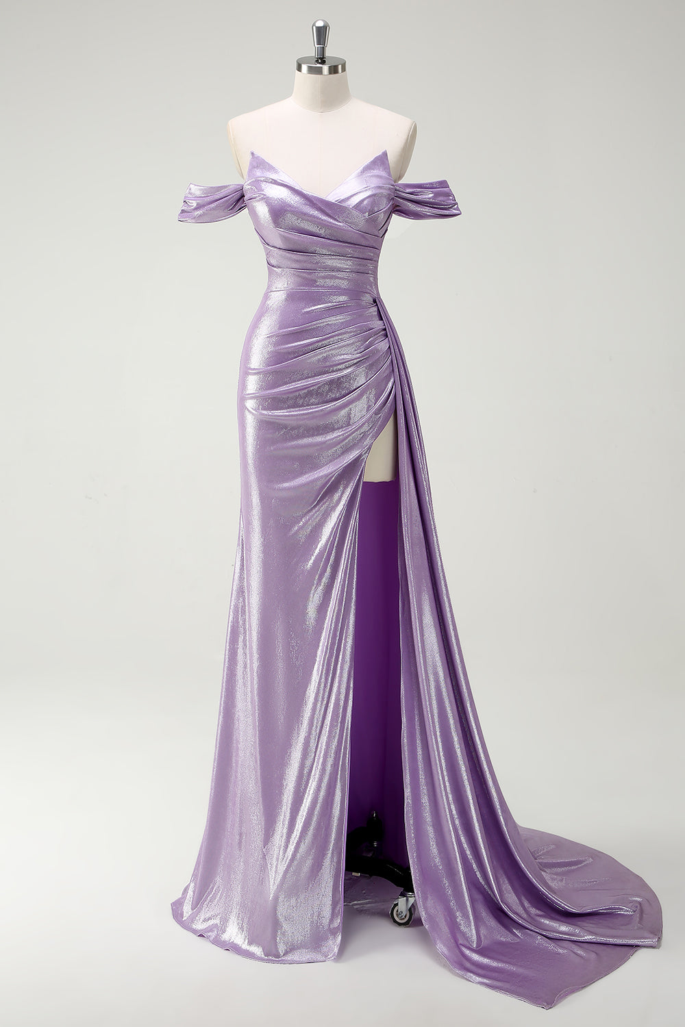 Glitter Off The Shoulder Lilac Side Cape Ruched Prom Dress