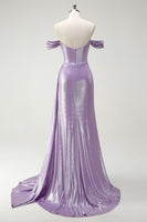 Load image into Gallery viewer, Glitter Off The Shoulder Lilac Side Cape Ruched Prom Dress