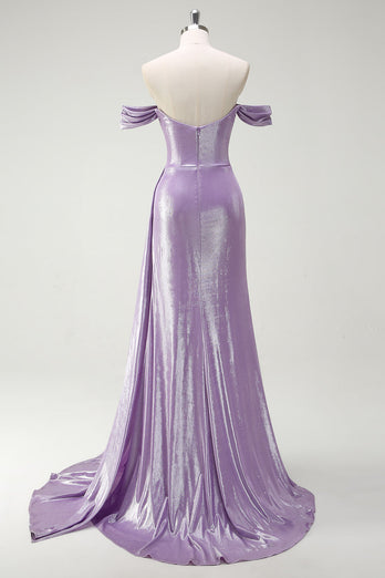 Glitter Off The Shoulder Lilac Side Cape Ruched Prom Dress