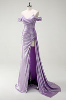Load image into Gallery viewer, Glitter Off The Shoulder Lilac Side Cape Ruched Prom Dress