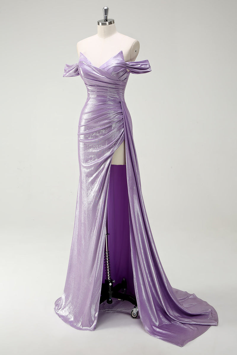 Load image into Gallery viewer, Glitter Off The Shoulder Lilac Side Cape Ruched Prom Dress