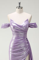 Load image into Gallery viewer, Glitter Off The Shoulder Lilac Side Cape Ruched Prom Dress