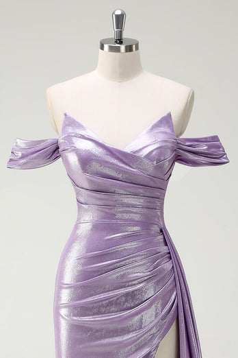 Glitter Off The Shoulder Lilac Side Cape Ruched Prom Dress