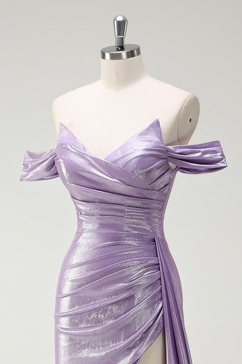 Glitter Off The Shoulder Lilac Side Cape Ruched Prom Dress