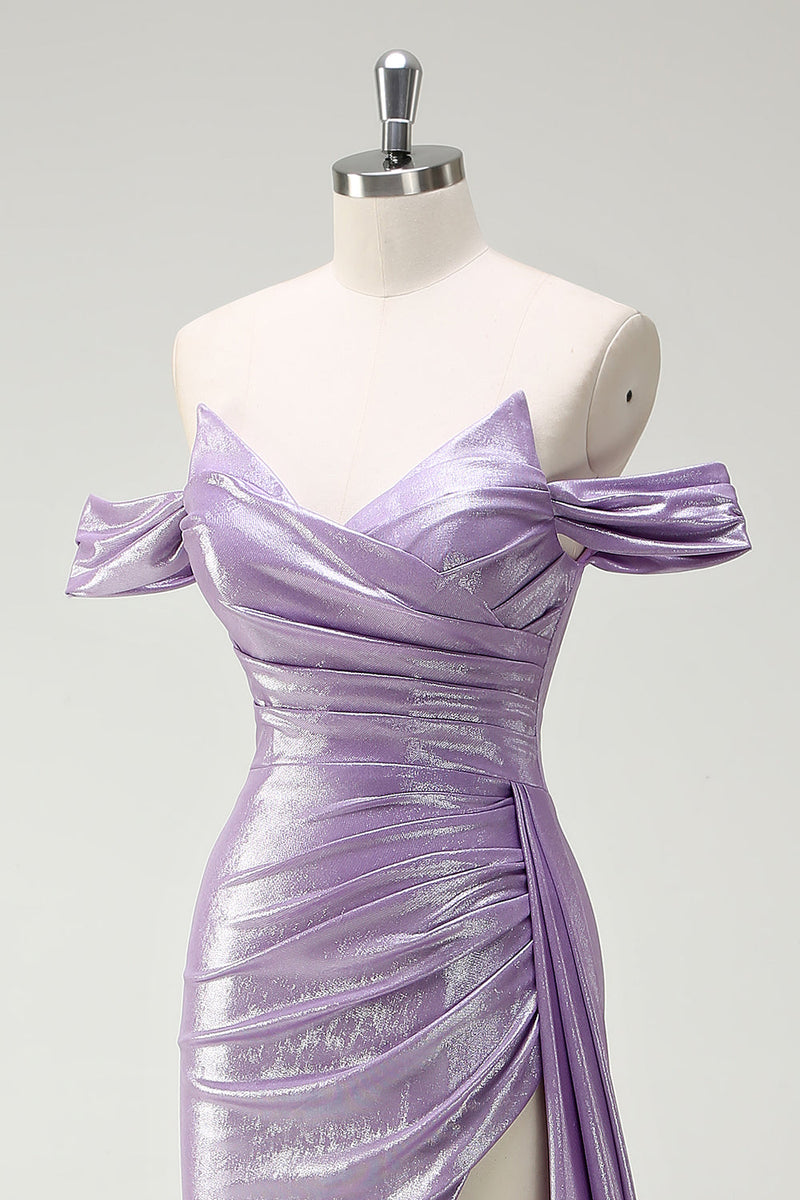 Load image into Gallery viewer, Glitter Off The Shoulder Lilac Side Cape Ruched Prom Dress
