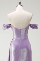 Load image into Gallery viewer, Glitter Off The Shoulder Lilac Side Cape Ruched Prom Dress