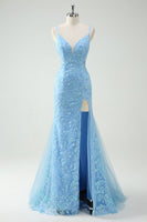 Load image into Gallery viewer, Sky Blue Mermaid Spaghetti Straps Appliqued Long Prom Dress