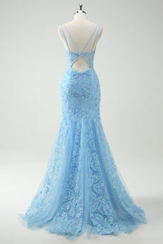 Sky Blue Mermaid Spaghetti Straps Appliqued Long Prom Dress