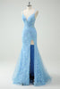 Load image into Gallery viewer, Sky Blue Mermaid Spaghetti Straps Appliqued Long Prom Dress