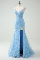 Load image into Gallery viewer, Sky Blue Mermaid Spaghetti Straps Appliqued Long Prom Dress