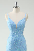Load image into Gallery viewer, Sky Blue Mermaid Spaghetti Straps Appliqued Long Prom Dress