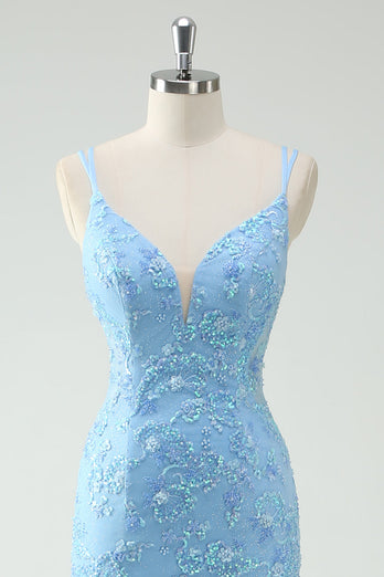 Sky Blue Mermaid Spaghetti Straps Appliqued Long Prom Dress