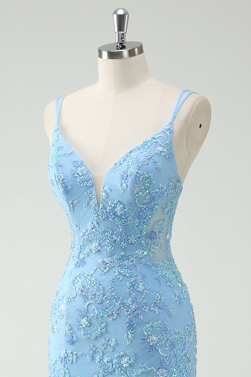 Load image into Gallery viewer, Sky Blue Mermaid Spaghetti Straps Appliqued Long Prom Dress