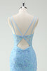 Load image into Gallery viewer, Sky Blue Mermaid Spaghetti Straps Appliqued Long Prom Dress