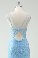 Load image into Gallery viewer, Sky Blue Mermaid Spaghetti Straps Appliqued Long Prom Dress