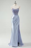 Load image into Gallery viewer, Light Blue Mermaid Ruched Long Prom Dress with Appliques