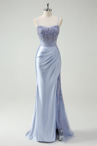 Light Blue Mermaid Ruched Long Prom Dress with Appliques